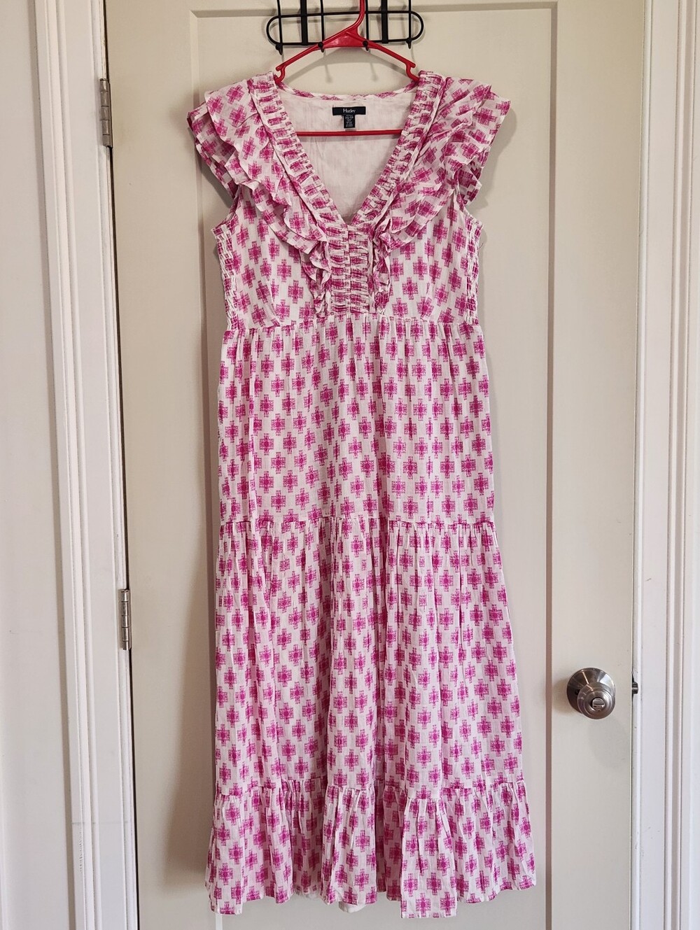 Hatley Aria Midi Dress in Pink and White Ruffle V-Neck Maxi Size XS